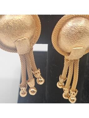 Vintage Hobé Satin Mesh Tassel Clip-On Earrings Mid-Century 2" Gold Tone